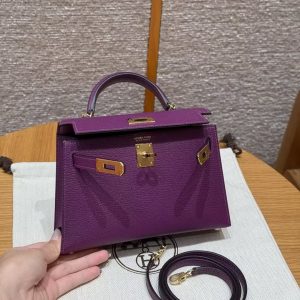 Hermes Kelly Mini 2 19CM Bag Handmade In Chèvre Calfskin Leather Gold Hardware P9 Anemone - Image 21