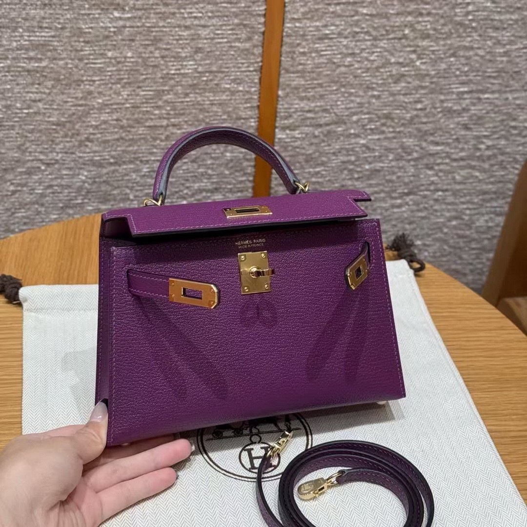 Hermes Kelly Mini 2 19CM Bag Handmade In Chèvre Calfskin Leather Gold Hardware P9 Anemone - Image 21