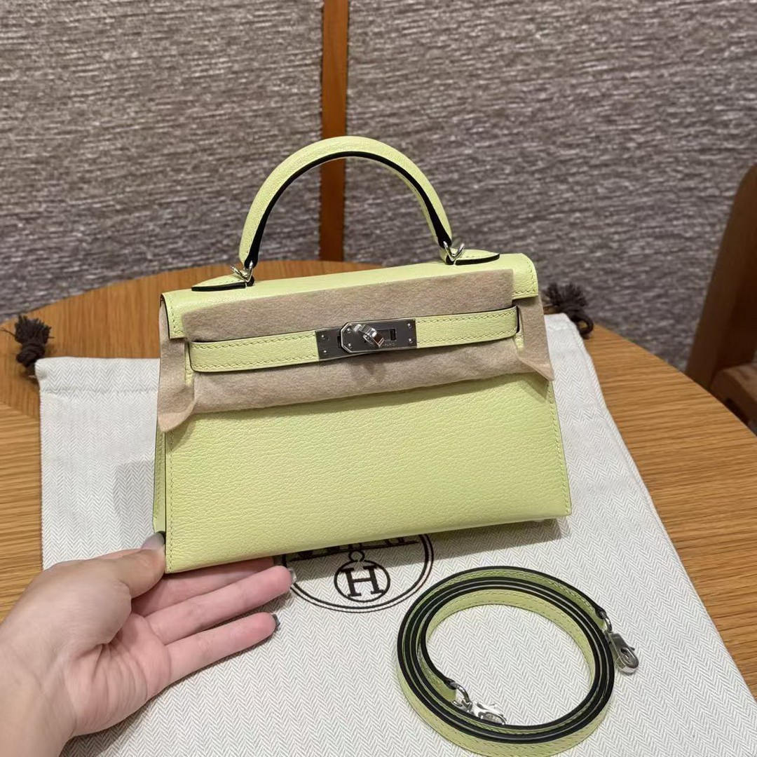 Hermes Kelly Mini 2 19CM Bag Handmade In Chèvre Calfskin Leather Silver Hardware R9 Jaune Bourgeon