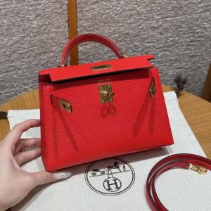 Hermes Kelly Mini 2 19CM Bag Handmade In Chèvre Calfskin Leather Gold Hardware S3 Rouge Coeur - Image 12