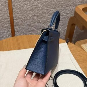 Hermes Kelly Mini 2 19CM Bag Handmade In Epsom Calfskin Leather Silver Hardware S4 Deep Blue - Image 25