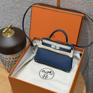 Hermes Kelly Mini 2 19CM Bag Handmade In Epsom Calfskin Leather Silver Hardware S4 Deep Blue - Image 19