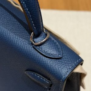 Hermes Kelly Mini 2 19CM Bag Handmade In Epsom Calfskin Leather Silver Hardware S4 Deep Blue - Image 17