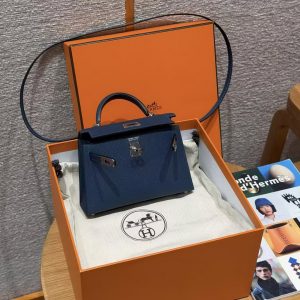 Hermes Kelly Mini 2 19CM Bag Handmade In Epsom Calfskin Leather Silver Hardware S4 Deep Blue - Image 11