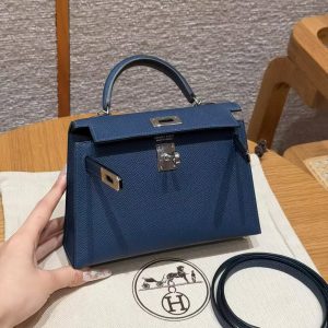 Hermes Kelly Mini 2 19CM Bag Handmade In Epsom Calfskin Leather Silver Hardware S4 Deep Blue - Image 10