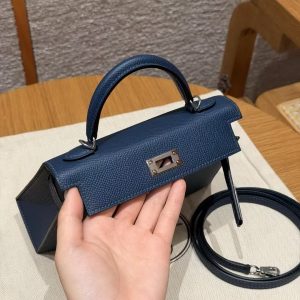 Hermes Kelly Mini 2 19CM Bag Handmade In Epsom Calfskin Leather Silver Hardware S4 Deep Blue - Image 9