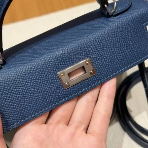 Hermes Kelly Mini 2 19CM Bag Handmade In Epsom Calfskin Leather Silver Hardware S4 Deep Blue - Image 8