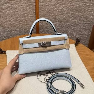 Hermes Kelly Mini 2 19CM Bag Handmade In Epsom Calfskin Leather Silver Hardware T0 Blue Brume