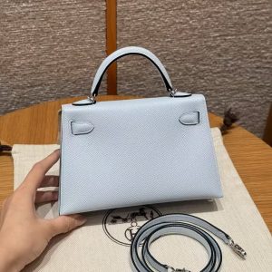 Hermes Kelly Mini 2 19CM Bag Handmade In Epsom Calfskin Leather Silver Hardware T0 Blue Brume - Image 2