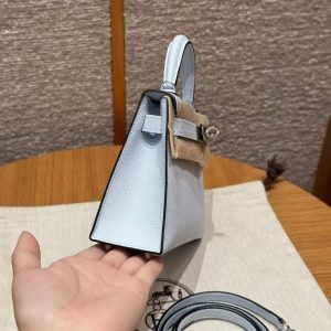 Hermes Kelly Mini 2 19CM Bag Handmade In Epsom Calfskin Leather Silver Hardware T0 Blue Brume - Image 18
