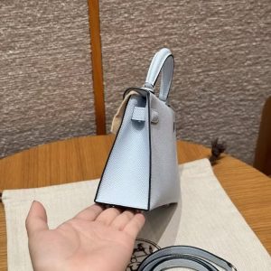 Hermes Kelly Mini 2 19CM Bag Handmade In Epsom Calfskin Leather Silver Hardware T0 Blue Brume - Image 17