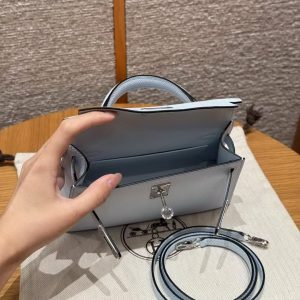 Hermes Kelly Mini 2 19CM Bag Handmade In Epsom Calfskin Leather Silver Hardware T0 Blue Brume - Image 15