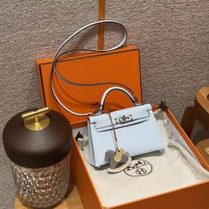 Hermes Kelly Mini 2 19CM Bag Handmade In Epsom Calfskin Leather Silver Hardware T0 Blue Brume - Image 11
