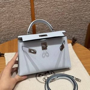 Hermes Kelly Mini 2 19CM Bag Handmade In Epsom Calfskin Leather Silver Hardware T0 Blue Brume - Image 10