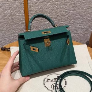 Hermes Kelly Mini 2 19CM Bag Handmade In Epsom Calfskin Leather Gold Hardware U4 Vert Vertigo - Image 20