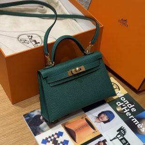 Hermes Kelly Mini 2 19CM Bag Handmade In Epsom Calfskin Leather Gold Hardware U4 Vert Vertigo - Image 3