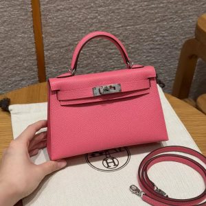 Hermes Kelly Mini 2 19CM Bag Handmade In Epsom Calfskin Leather Silver Hardware U5 Rose Lipstick
