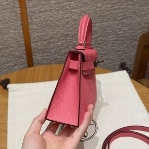 Hermes Kelly Mini 2 19CM Bag Handmade In Epsom Calfskin Leather Silver Hardware U5 Rose Lipstick - Image 20