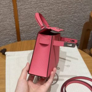 Hermes Kelly Mini 2 19CM Bag Handmade In Epsom Calfskin Leather Silver Hardware U5 Rose Lipstick - Image 18