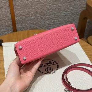 Hermes Kelly Mini 2 19CM Bag Handmade In Epsom Calfskin Leather Silver Hardware U5 Rose Lipstick - Image 17