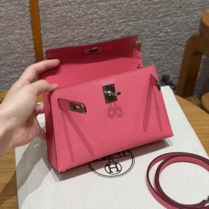 Hermes Kelly Mini 2 19CM Bag Handmade In Epsom Calfskin Leather Silver Hardware U5 Rose Lipstick - Image 13