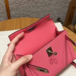 Hermes Kelly Mini 2 19CM Bag Handmade In Epsom Calfskin Leather Silver Hardware U5 Rose Lipstick - Image 11