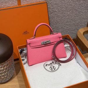 Hermes Kelly Mini 2 19CM Bag Handmade In Epsom Calfskin Leather Silver Hardware U5 Rose Lipstick - Image 3