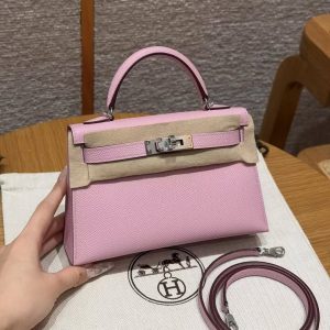 Hermes Kelly Mini 2 19CM Bag Handmade In Epsom Calfskin Leather Silver Hardware x9 Mauve