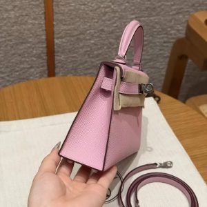 Hermes Kelly Mini 2 19CM Bag Handmade In Epsom Calfskin Leather Silver Hardware x9 Mauve - Image 21