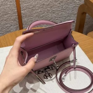 Hermes Kelly Mini 2 19CM Bag Handmade In Epsom Calfskin Leather Silver Hardware x9 Mauve - Image 18