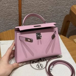 Hermes Kelly Mini 2 19CM Bag Handmade In Epsom Calfskin Leather Silver Hardware x9 Mauve - Image 14