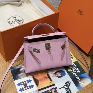 Hermes Kelly Mini 2 19CM Bag Handmade In Epsom Calfskin Leather Silver Hardware x9 Mauve - Image 3