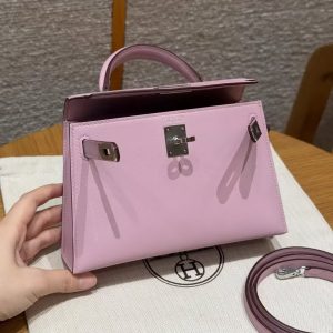 Hermes Kelly Mini 2 19CM Bag Handmade In Swift Calfskin Leather Silver Hardware x9 Mauve - Image 15