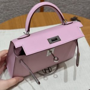 Hermes Kelly Mini 2 19CM Bag Handmade In Swift Calfskin Leather Silver Hardware x9 Mauve - Image 13