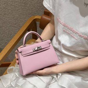 Hermes Kelly Mini 2 19CM Bag Handmade In Swift Calfskin Leather Silver Hardware x9 Mauve - Image 6