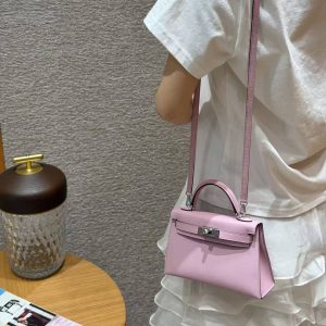 Hermes Kelly Mini 2 19CM Bag Handmade In Swift Calfskin Leather Silver Hardware x9 Mauve - Image 5