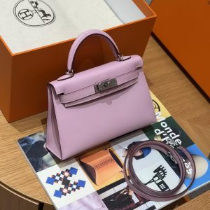 Hermes Kelly Mini 2 19CM Bag Handmade In Swift Calfskin Leather Silver Hardware x9 Mauve - Image 3