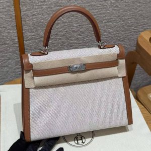 Hermes Kelly Toile H 25 Bag Handmade In Swift Calfskin Leather And Canvas Silver Hardware 37 Gold - Image 22
