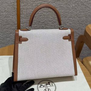 Hermes Kelly Toile H 25 Bag Handmade In Swift Calfskin Leather And Canvas Silver Hardware 37 Gold - Image 21