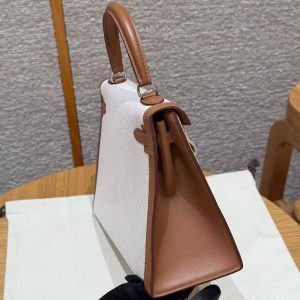 Hermes Kelly Toile H 25 Bag Handmade In Swift Calfskin Leather And Canvas Silver Hardware 37 Gold - Image 20