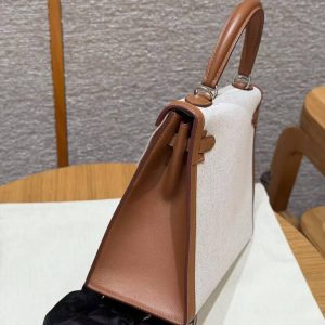 Hermes Kelly Toile H 25 Bag Handmade In Swift Calfskin Leather And Canvas Silver Hardware 37 Gold - Image 19