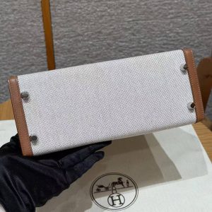 Hermes Kelly Toile H 25 Bag Handmade In Swift Calfskin Leather And Canvas Silver Hardware 37 Gold - Image 18