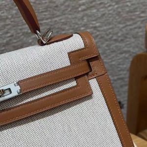 Hermes Kelly Toile H 25 Bag Handmade In Swift Calfskin Leather And Canvas Silver Hardware 37 Gold - Image 16