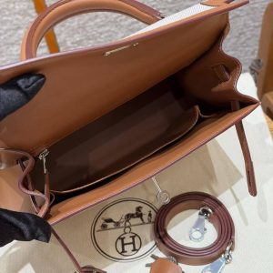 Hermes Kelly Toile H 25 Bag Handmade In Swift Calfskin Leather And Canvas Silver Hardware 37 Gold - Image 15