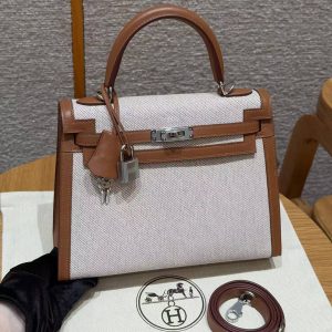 Hermes Kelly Toile H 25 Bag Handmade In Swift Calfskin Leather And Canvas Silver Hardware 37 Gold - Image 14