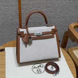 Hermes Kelly Toile H 25 Bag Handmade In Swift Calfskin Leather And Canvas Silver Hardware 37 Gold - Image 13