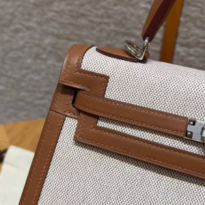 Hermes Kelly Toile H 25 Bag Handmade In Swift Calfskin Leather And Canvas Silver Hardware 37 Gold - Image 12