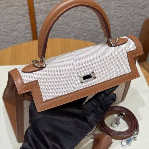 Hermes Kelly Toile H 25 Bag Handmade In Swift Calfskin Leather And Canvas Silver Hardware 37 Gold - Image 11