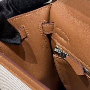 Hermes Kelly Toile H 25 Bag Handmade In Swift Calfskin Leather And Canvas Silver Hardware 37 Gold - Image 10
