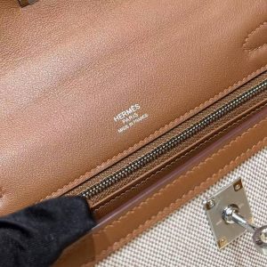 Hermes Kelly Toile H 25 Bag Handmade In Swift Calfskin Leather And Canvas Silver Hardware 37 Gold - Image 9